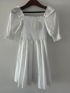 Francesca's Collections White Smocked Puff Sleeve Woman’s Dress